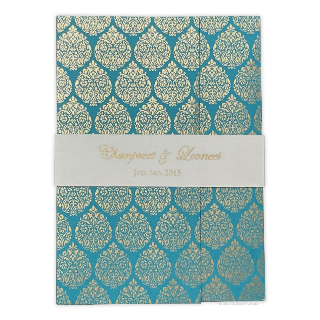 Gate Fold Teal and White Custom Invitation Card with Belly Band | Teal Belly Band Custom Invitation Card AM-181  Raniti LLC - Custom Invitations & Stationery