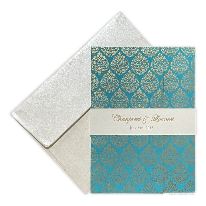 Gate Fold Teal and White Custom Invitation Card with Belly Band | Teal Belly Band Custom Invitation Card AM-181  Raniti LLC - Custom Invitations & Stationery