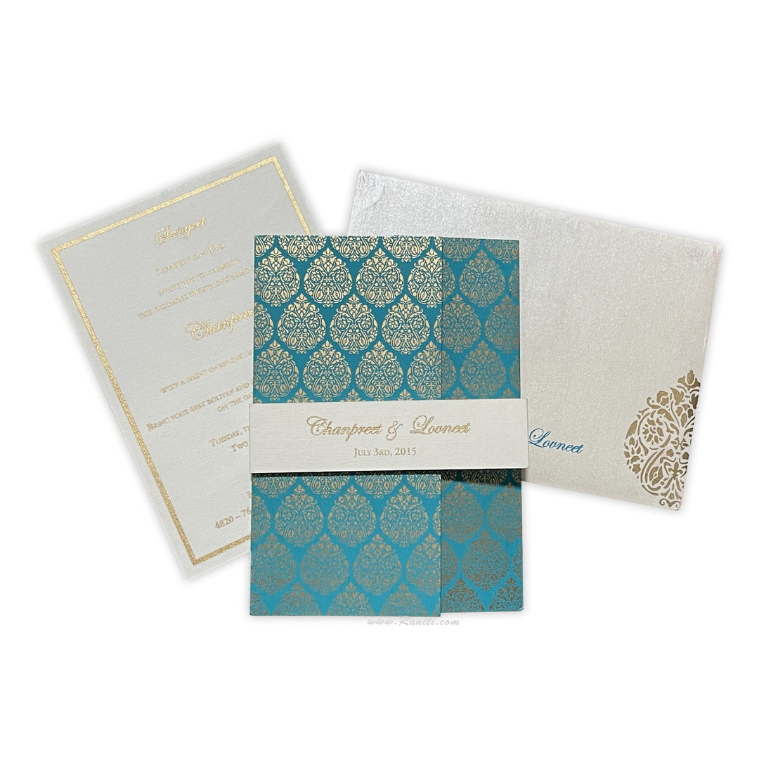 Gate Fold Teal and White Custom Invitation Card with Belly Band | Teal Belly Band Custom Invitation Card AM-181  Raniti LLC - Custom Invitations & Stationery