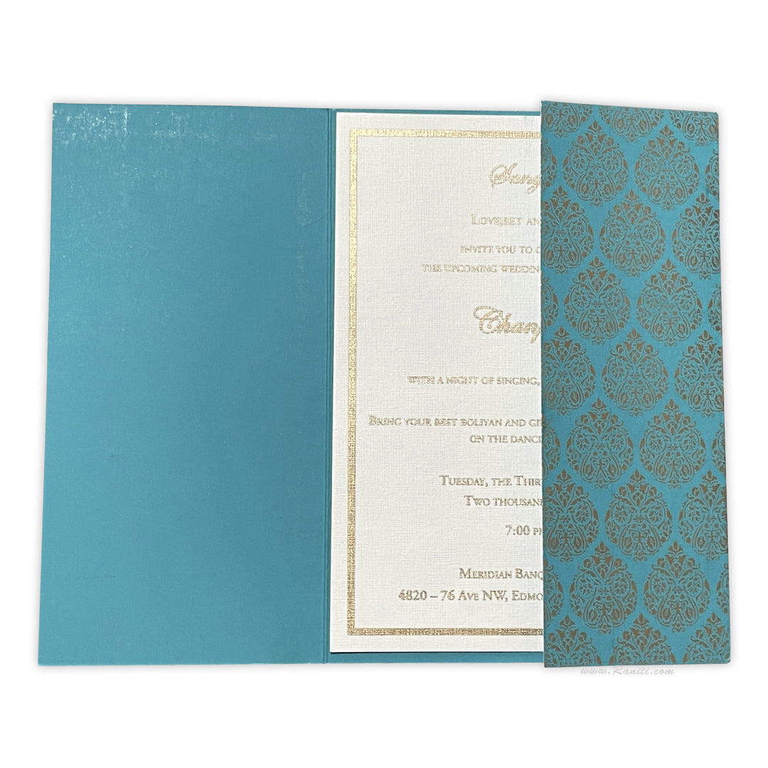 Gate Fold Teal and White Custom Invitation Card with Belly Band | Teal Belly Band Custom Invitation Card AM-181  Raniti LLC - Custom Invitations & Stationery