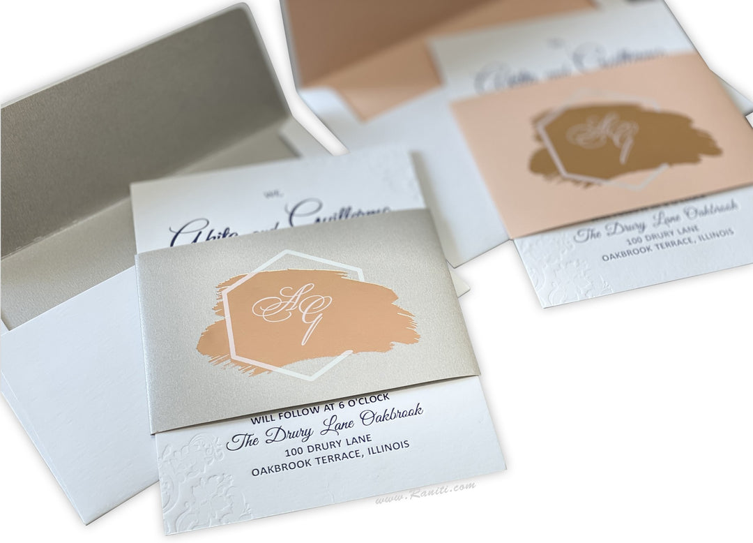 Silver/Grey Classic White Custom Invitation Card Deboss Letterpress with Rose Gold Foil Belly Band | Silver/Grey Belly Band Custom Invitation Card AM-190  Raniti LLC - Custom Invitations & Stationery