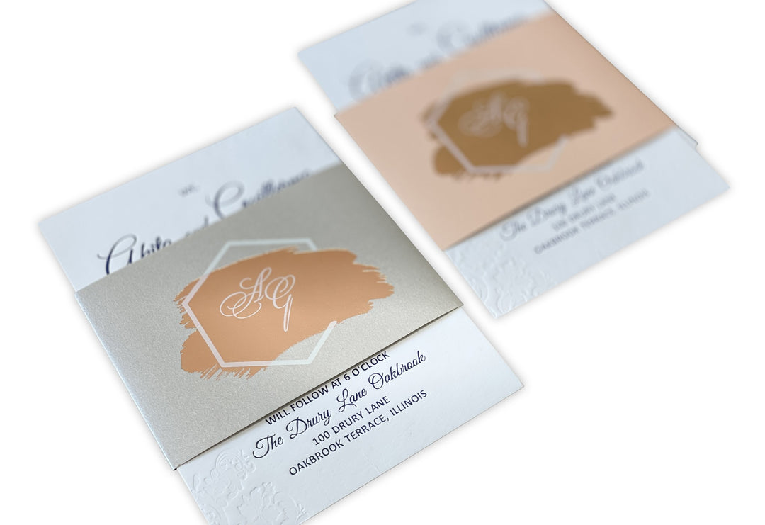 Silver/Grey Classic White Custom Invitation Card Deboss Letterpress with Rose Gold Foil Belly Band | Silver/Grey Belly Band Custom Invitation Card AM-190  Raniti LLC - Custom Invitations & Stationery