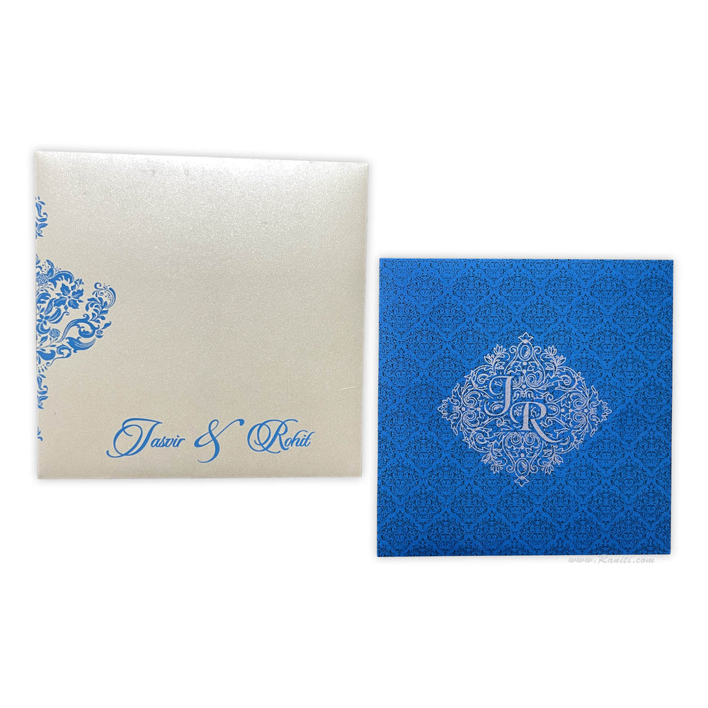 Blue and Pearl White Square Custom Wedding Invitation Card with Multiple Cascading Inserts AM-208  Raniti LLC - Custom Invitations & Stationery