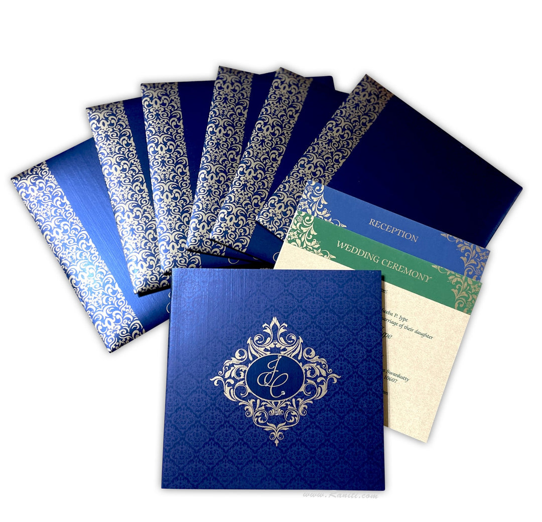 Damask Print Blue Custom Invitation Card | Wedding Invitation Card with Multiple Inserts AM-237  Raniti LLC - Custom Invitations & Stationery