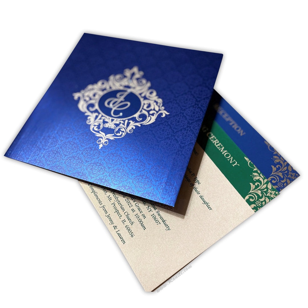 Damask Print Blue Custom Invitation Card | Wedding Invitation Card with Multiple Inserts AM-237  Raniti LLC - Custom Invitations & Stationery