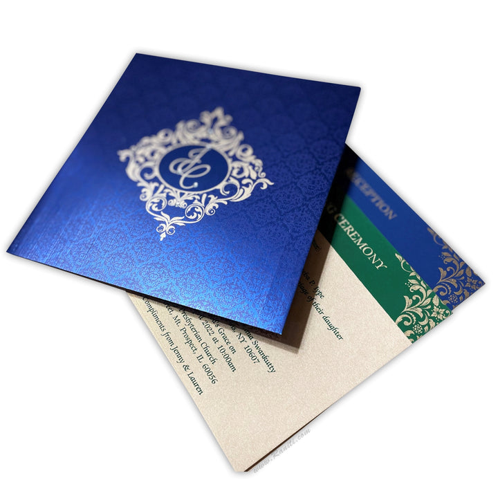 Damask Print Blue Custom Invitation Card | Wedding Invitation Card with Multiple Inserts AM-237  Raniti LLC - Custom Invitations & Stationery