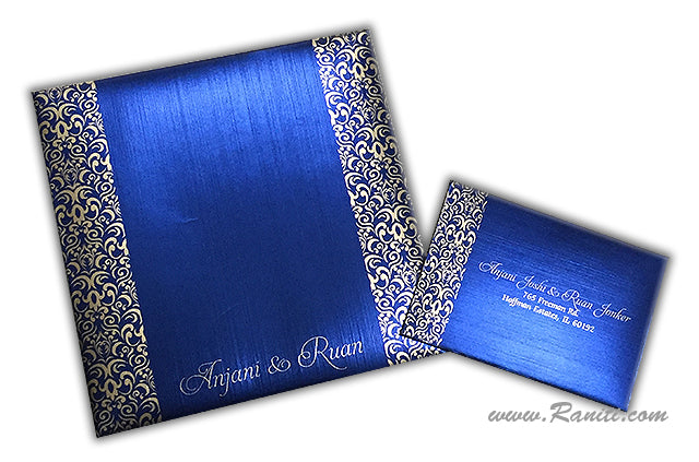 Damask Print Blue Custom Invitation Card | Wedding Invitation Card with Multiple Inserts AM-237  Raniti LLC - Custom Invitations & Stationery