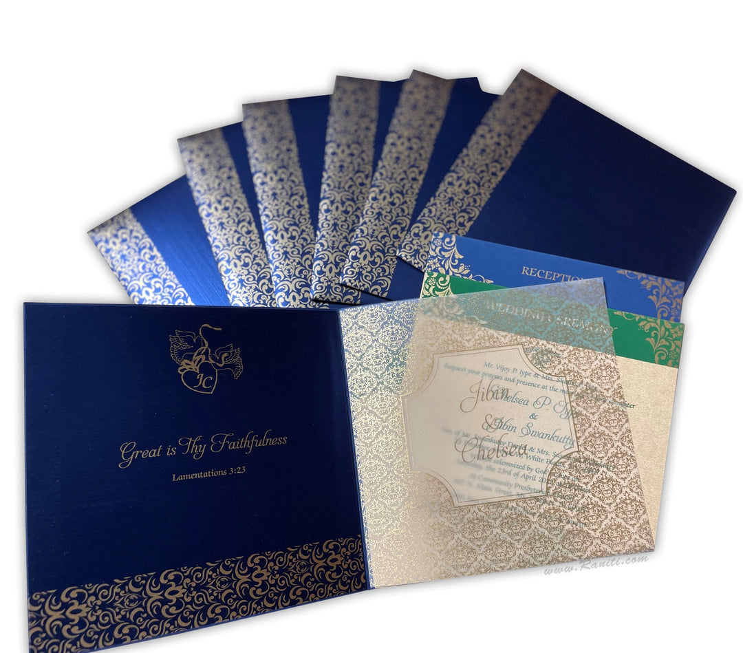 Damask Print Blue Custom Invitation Card | Wedding Invitation Card with Multiple Inserts AM-237  Raniti LLC - Custom Invitations & Stationery