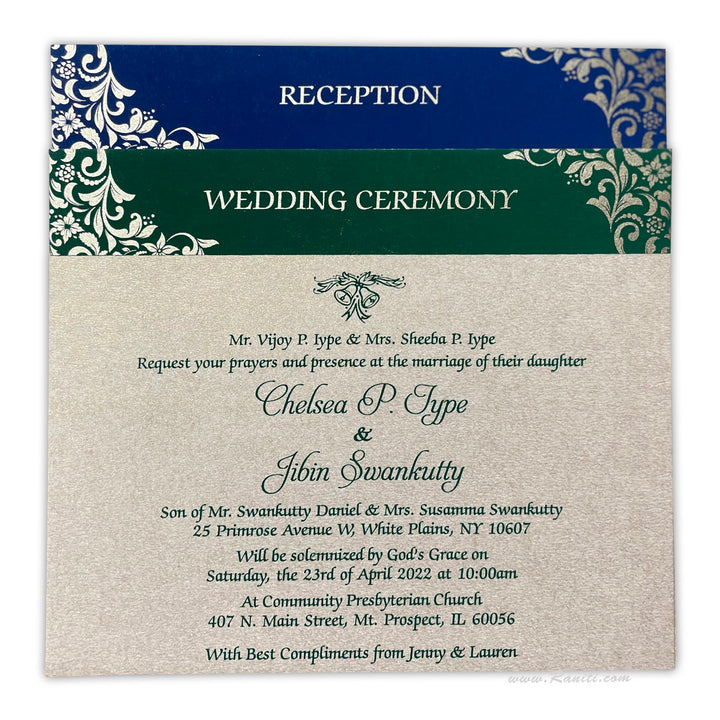 Damask Print Blue Custom Invitation Card | Wedding Invitation Card with Multiple Inserts AM-237  Raniti LLC - Custom Invitations & Stationery