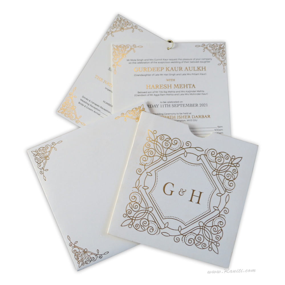 All Gold Foil Print White Custom Invitation Card with Multiple Inserts | White Classic Gold Foil Print Wedding Custom Invitation Card AM-313 Signature Raniti LLC - Custom Invitations & Stationery