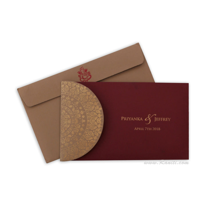 Maroon and Beige Rectangle Custom Wedding Invitation with Multiple Inserts | Custom Interfaith Invitation Card AM-349  Raniti LLC - Custom Invitations & Stationery