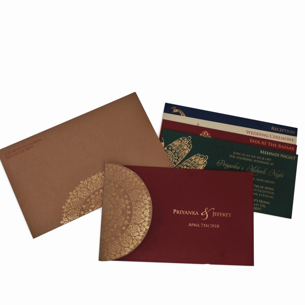 Maroon and Beige Rectangle Custom Wedding Invitation with Multiple Inserts | Custom Interfaith Invitation Card AM-349 Signature Raniti LLC - Custom Invitations & Stationery