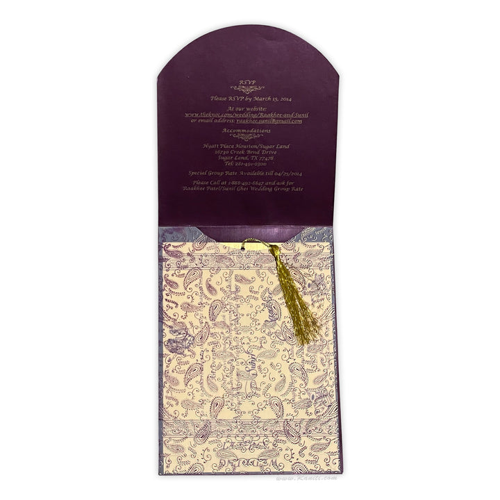 Purple Portrait Custom Invitation Card with Multiple Inserts | Unique Custom Invitation card in Purple and Gold AM-355  Raniti LLC - Custom Invitations & Stationery