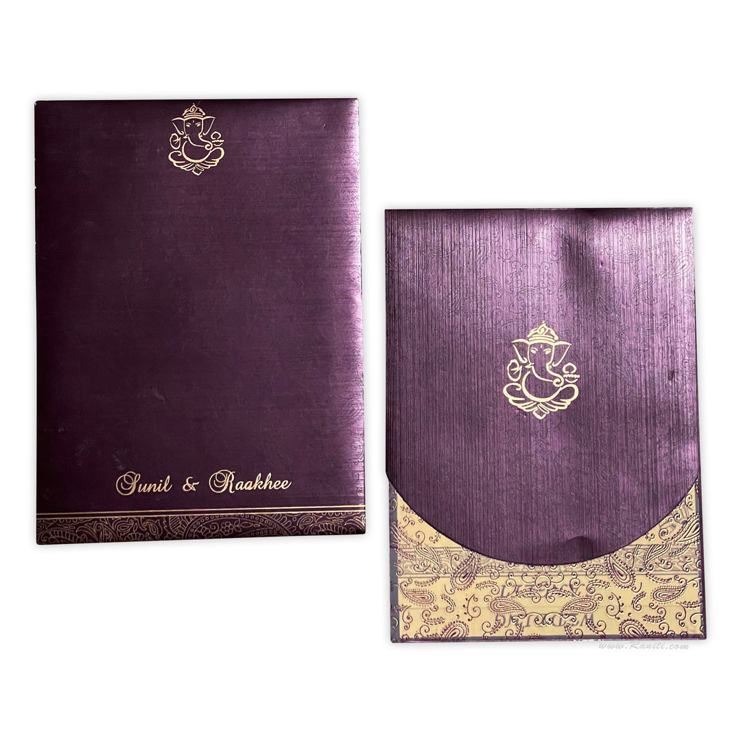 Purple Portrait Custom Invitation Card with Multiple Inserts | Unique Custom Invitation card in Purple and Gold AM-355  Raniti LLC - Custom Invitations & Stationery