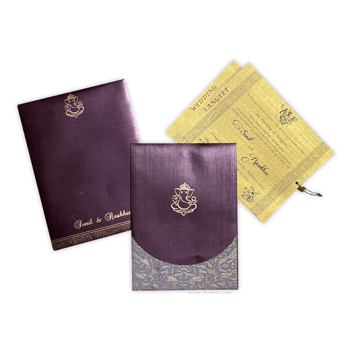 Purple Portrait Custom Invitation Card with Multiple Inserts | Unique Custom Invitation card in Purple and Gold AM-355  Raniti LLC - Custom Invitations & Stationery