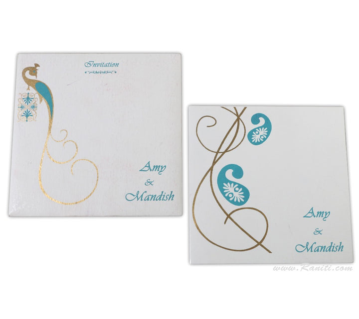 Paisley Peacock Theme Classic White Square Custom Wedding Invitation Card with Multiple Cascading Inserts | Classic Custom Invitation with Multiple Inserts AM-546  Raniti LLC - Custom Invitations & Stationery