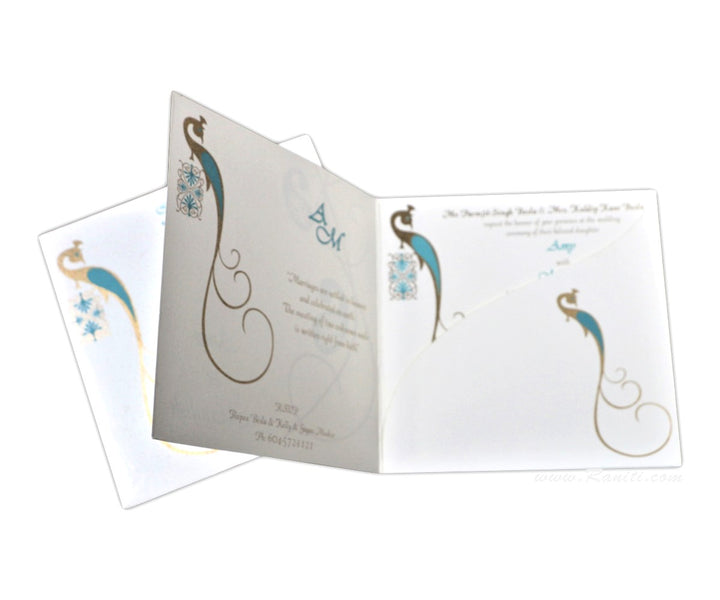 Paisley Peacock Theme Classic White Square Custom Wedding Invitation Card with Multiple Cascading Inserts | Classic Custom Invitation with Multiple Inserts AM-546  Raniti LLC - Custom Invitations & Stationery