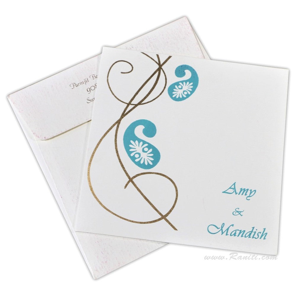 Paisley Peacock Theme Classic White Square Custom Wedding Invitation Card with Multiple Cascading Inserts | Classic Custom Invitation with Multiple Inserts AM-546  Raniti LLC - Custom Invitations & Stationery