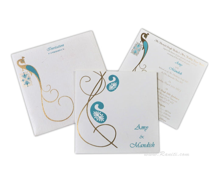 Paisley Peacock Theme Classic White Square Custom Wedding Invitation Card with Multiple Cascading Inserts | Classic Custom Invitation with Multiple Inserts AM-546 Premium Raniti LLC - Custom Invitations & Stationery