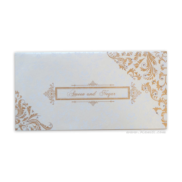 Custom Elegant White Wedding Invitation Card, Damask Print and Decorative Stones, Classic Wedding Invitation AM-572  Raniti LLC - Custom Invitations & Stationery