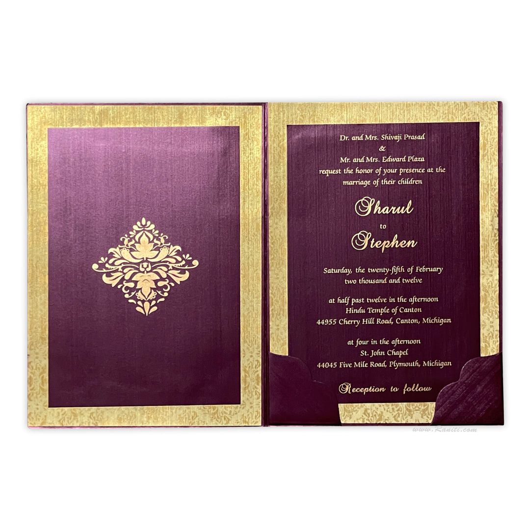 Purple Portrait Custom Invitation Card with Multiple Inserts | Custom Invitation card in Purple and Gold AM-603  Raniti LLC - Custom Invitations & Stationery