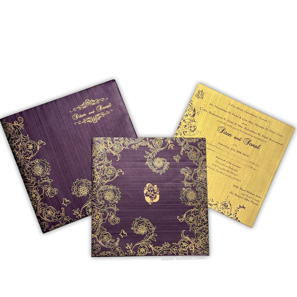 Purple and Golden Square Custom Wedding Invitation Card with Multiple Inserts AM-605 Signature Raniti LLC - Custom Invitations & Stationery