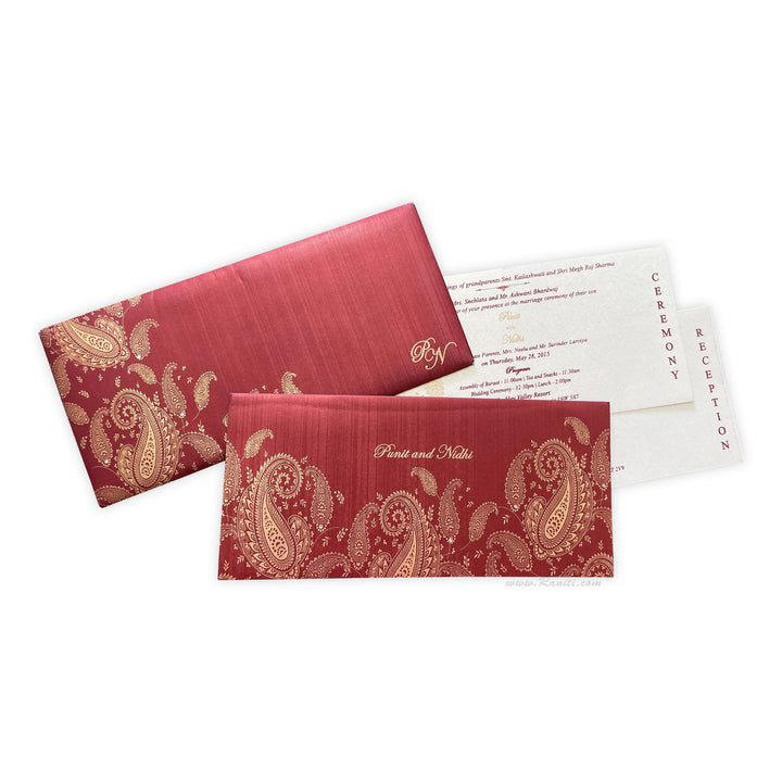 Red Rectangle Paisley theme Wedding Custom Invitation Card | Custom Red Invitations with Multiple Inserts AM-75 Deluxe Raniti LLC - Custom Invitations & Stationery