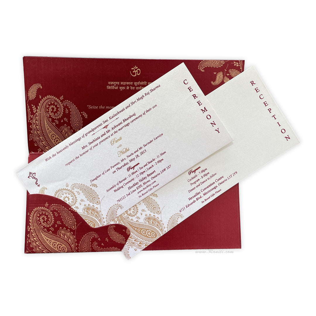 Red Rectangle Paisley theme Wedding Custom Invitation Card | Custom Red Invitations with Multiple Inserts AM-75  Raniti LLC - Custom Invitations & Stationery