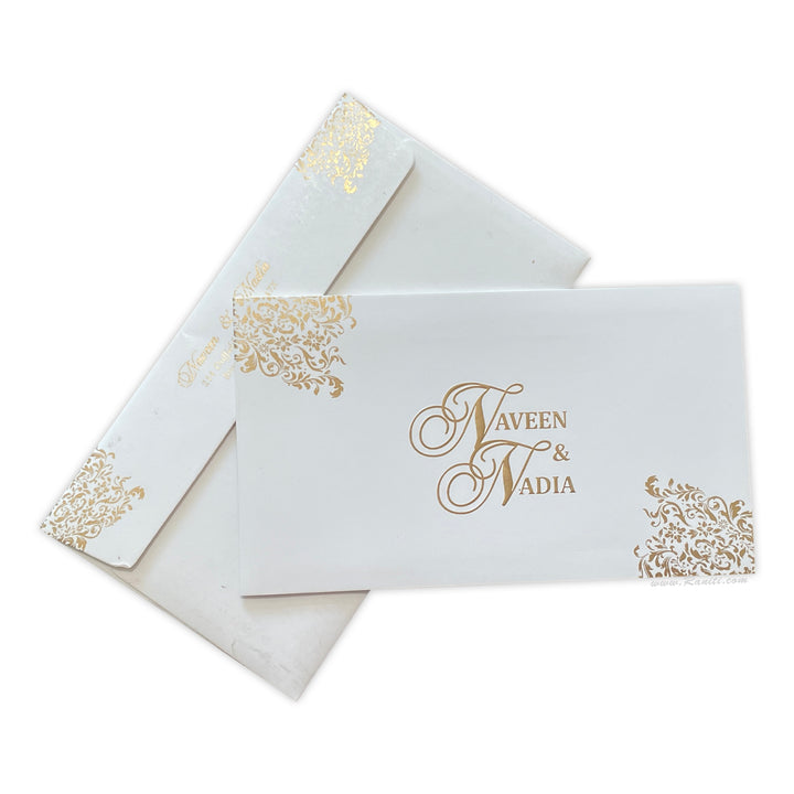 White Rectangle Custom Wedding Invitation with Embossed Monogram | Classic Custom Invitations with Multiple Insert and Embossed Names AM-89  Raniti LLC - Custom Invitations & Stationery