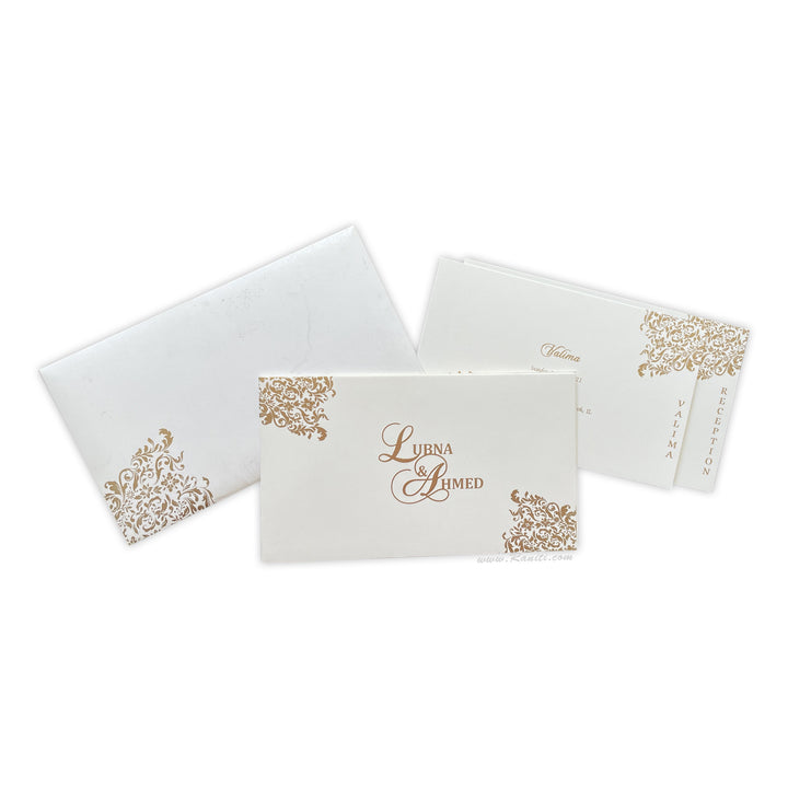 White Rectangle Custom Wedding Invitation with Embossed Monogram | Classic Custom Invitations with Multiple Insert and Embossed Names AM-89  Raniti LLC - Custom Invitations & Stationery