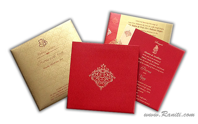 Damask Print Red Custom Invitation Card | Wedding Invitation Card with Multiple Inserts AM-98 Deluxe Raniti LLC - Custom Invitations & Stationery