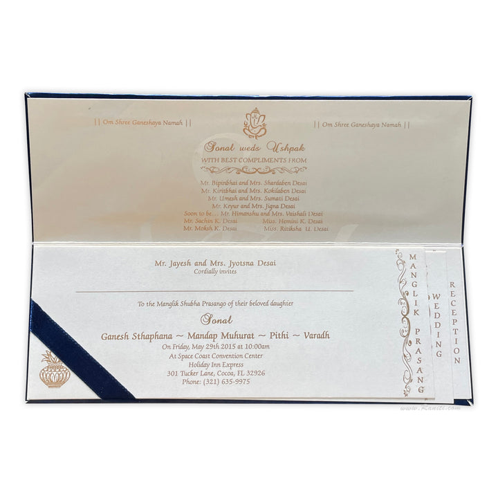 Bifold Hard Cover Dark Blue Custom Invitation Card with Multiple Inserts and Rhinestones AMH-12  Raniti LLC - Custom Invitations & Stationery