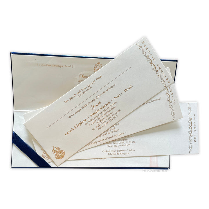 Bifold Hard Cover Dark Blue Custom Invitation Card with Multiple Inserts and Rhinestones AMH-12  Raniti LLC - Custom Invitations & Stationery