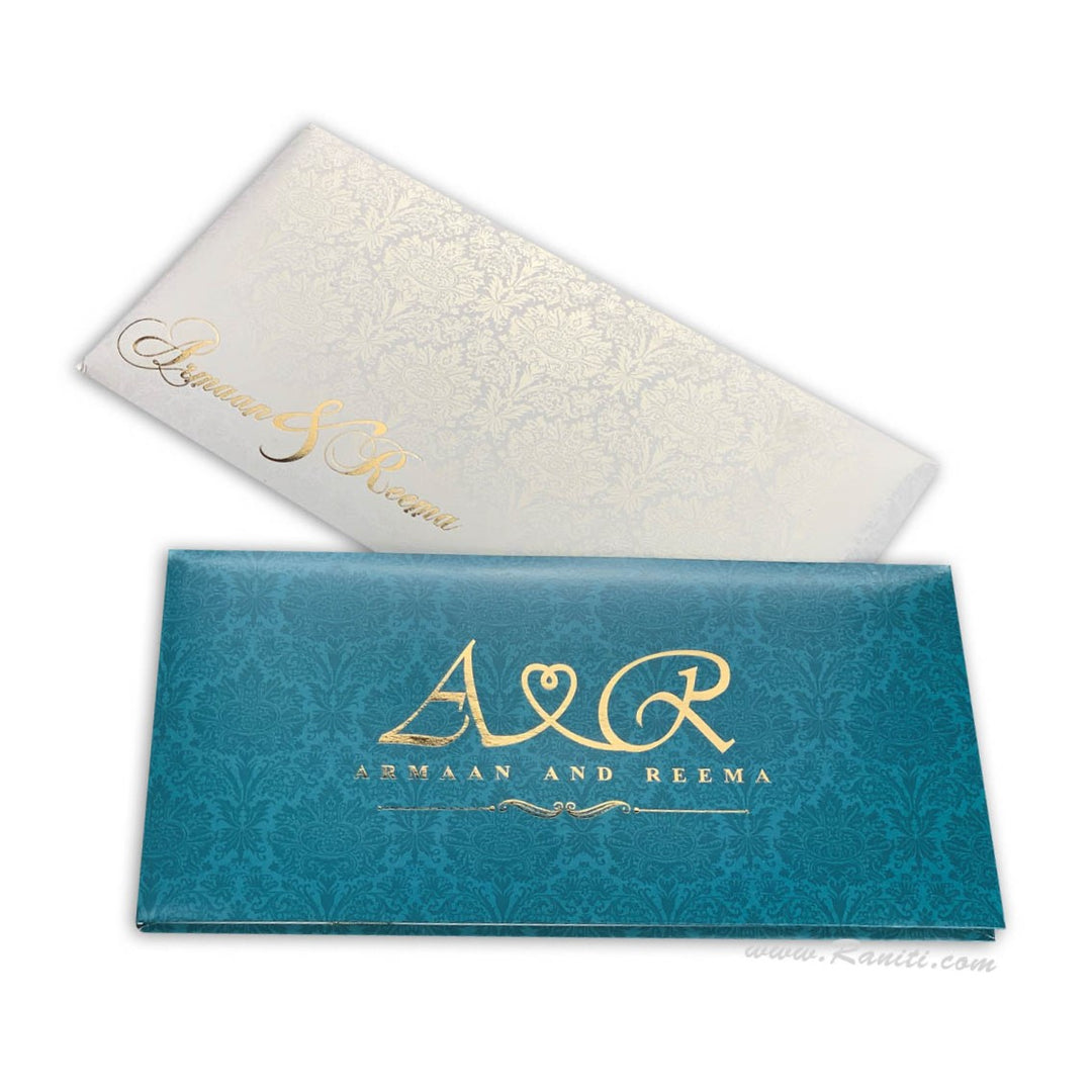 Teal White Classic Custom Hard Cover Invitation Card with Damask and Foil Print Monogram His & Her Collection AMH-8  Raniti LLC - Custom Invitations & Stationery