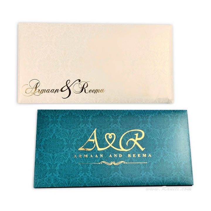 Teal White Classic Custom Hard Cover Invitation Card with Damask and Foil Print Monogram His & Her Collection AMH-8 Premium Raniti LLC - Custom Invitations & Stationery