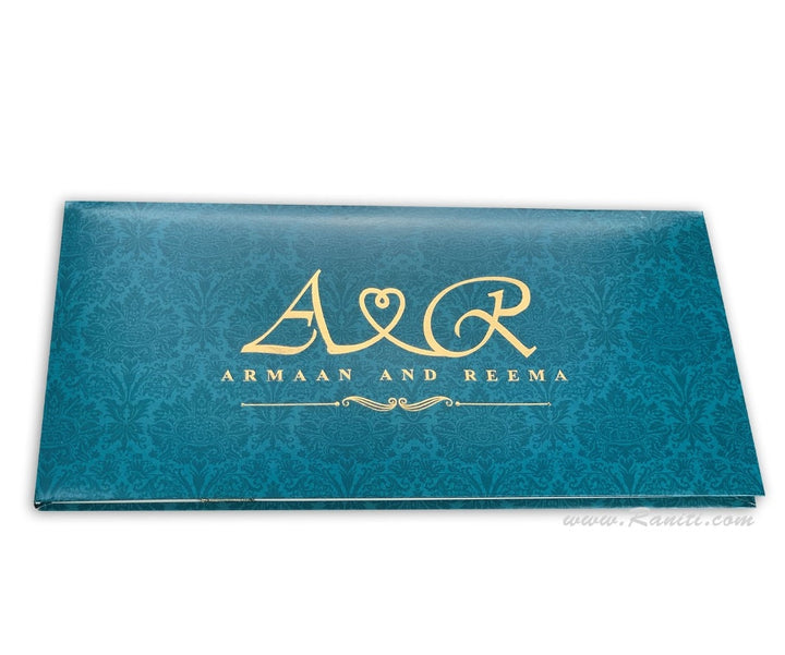 Teal White Classic Custom Hard Cover Invitation Card with Damask and Foil Print Monogram His & Her Collection AMH-8  Raniti LLC - Custom Invitations & Stationery