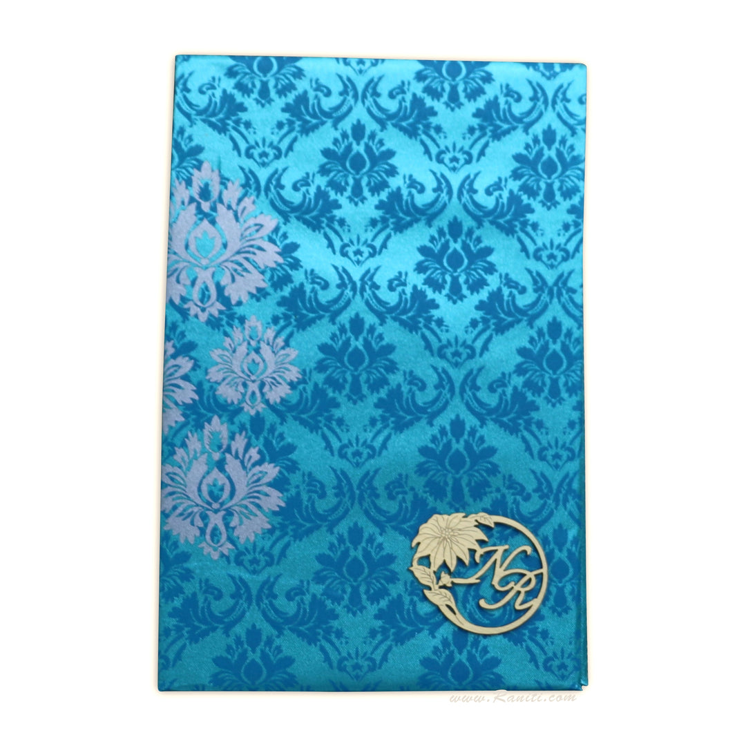 Teal Satin Damask Print Traditional Custom Lasercut Invitation AMHL100 | Raniti LLC - Custom Invitations & Stationery | custom wedding cards | personalized invitations