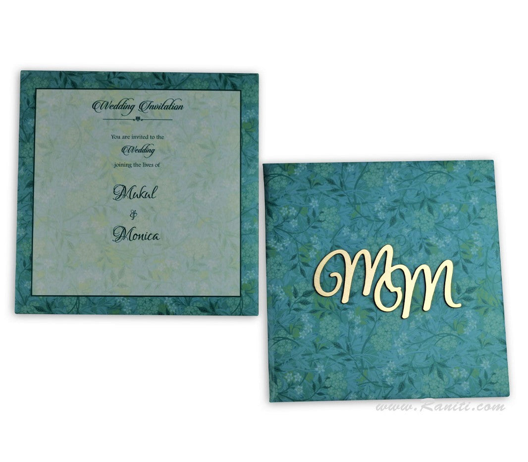 Teal Square Heavy back Custom Invitation with Laser Cut Initials | Hard Cover Custom Invitation Card AMHL-19  Raniti LLC - Custom Invitations & Stationery