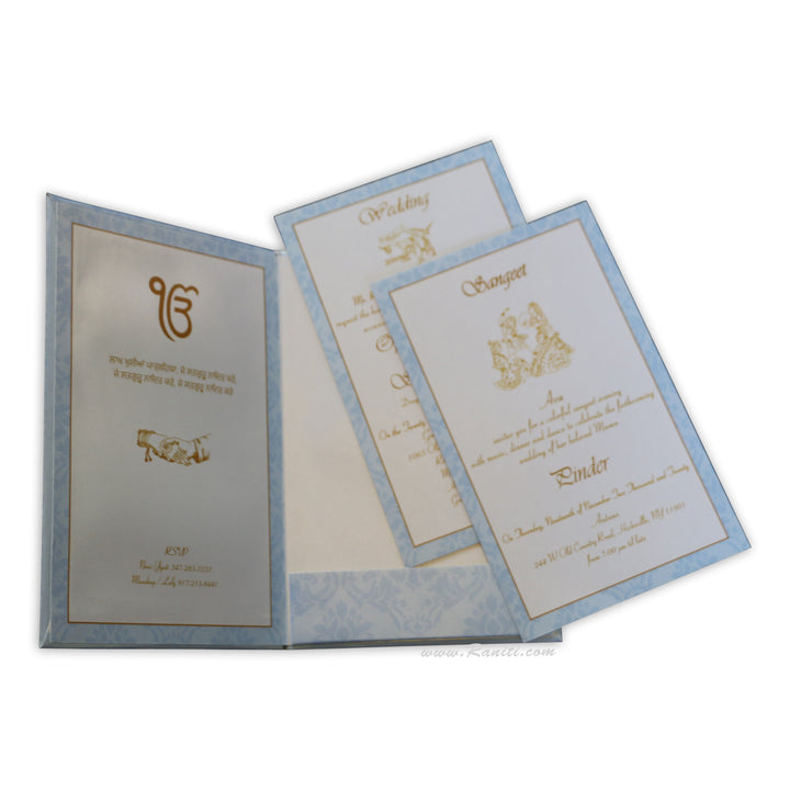 Ice Blue Portrait Hard Cover Custom Invitation Folder Card with Multiple Inserts and Laser cut Monogram AMHL-199  Raniti LLC - Custom Invitations & Stationery