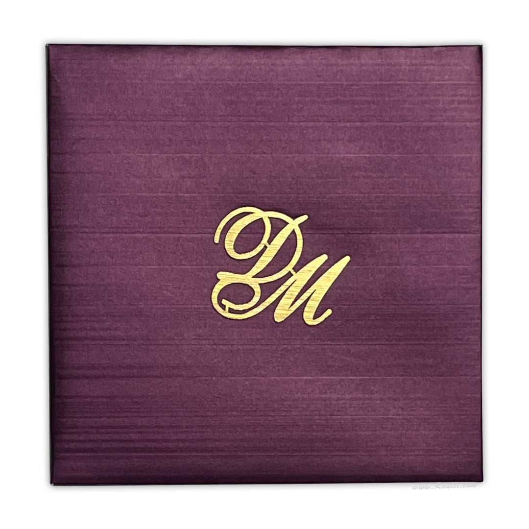 Classic Square Purple Pearl White Laser Cut Initials Hard Cover Custom Invitation Card AMHL-30  Raniti LLC - Custom Invitations & Stationery