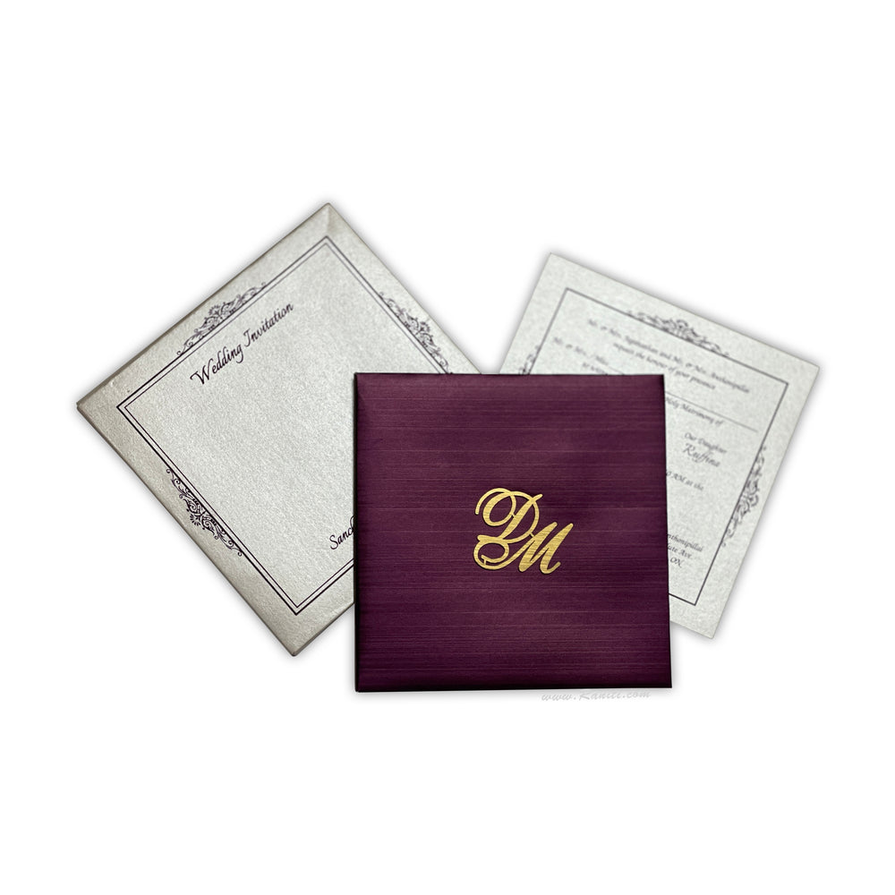 Classic Square Purple Pearl White Laser Cut Initials Hard Cover Custom Invitation Card AMHL-30  Raniti LLC - Custom Invitations & Stationery