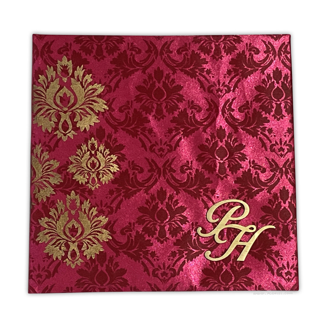 Satin Fabric Square Hard Cover Custom Invitation Card Damask Print and Laser Cut Initials AMHL-35  Raniti LLC - Custom Invitations & Stationery