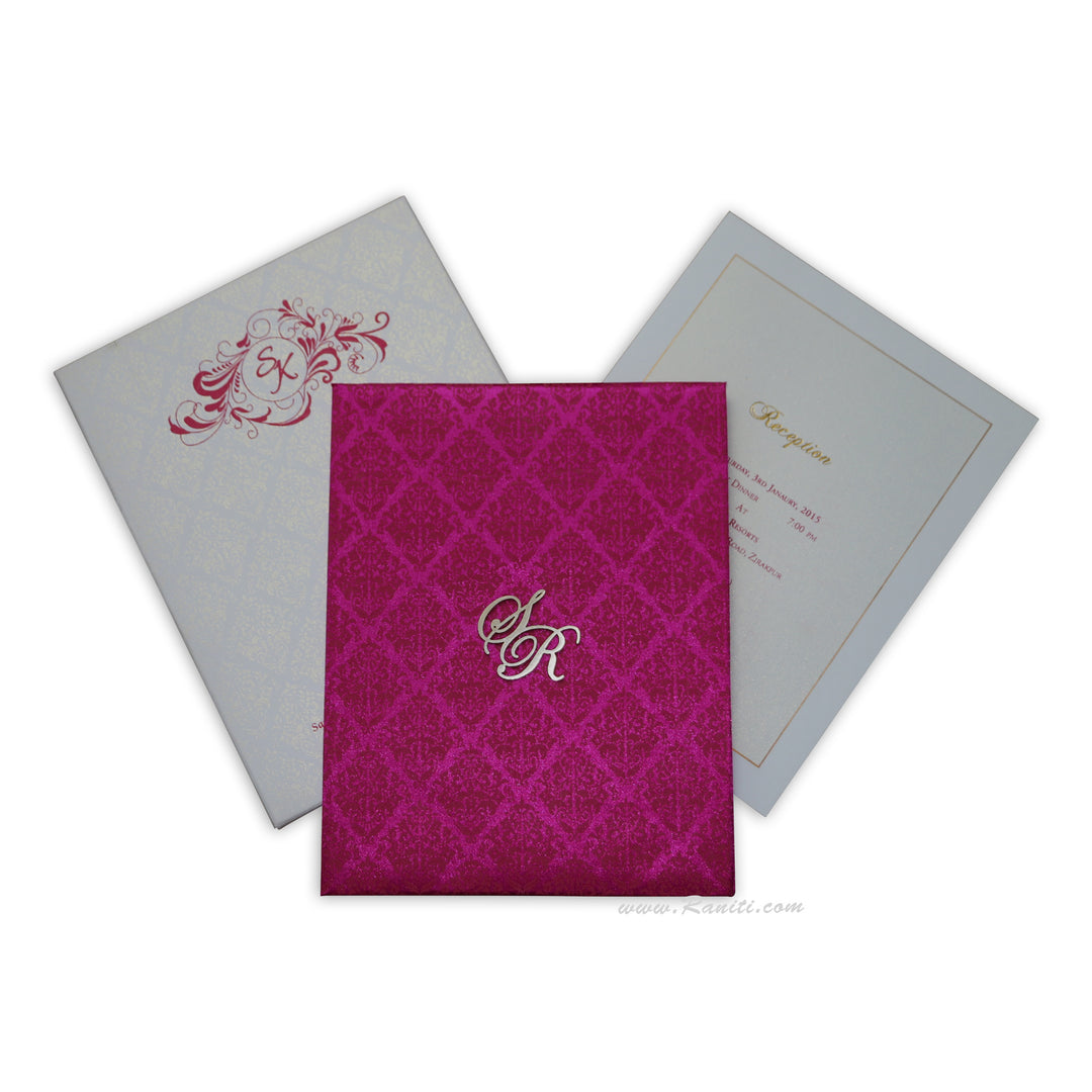 Fuchsia Pink Satin Fabric Hard Cover Custom Invitation Card Damask Print Laser Cut Initials AMHL-38  Raniti LLC - Custom Invitations & Stationery