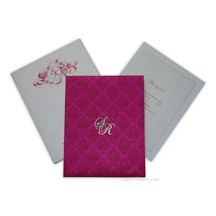 Fuchsia Pink Satin Fabric Hard Cover Custom Invitation Card Damask Print Laser Cut Initials AMHL-38  Raniti LLC - Custom Invitations & Stationery