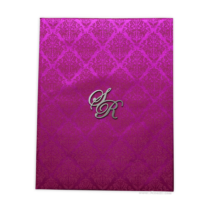 Fuchsia Pink Satin Fabric Hard Cover Custom Invitation Card Damask Print Laser Cut Initials AMHL-38  Raniti LLC - Custom Invitations & Stationery