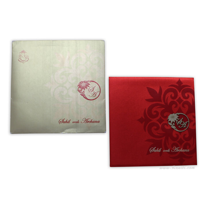 Satin Fabric Square Hard Cover Custom Traditional Invitation Card Damask Print and Laser Cut Initials Monogram AMHL-45  Raniti LLC - Custom Invitations & Stationery