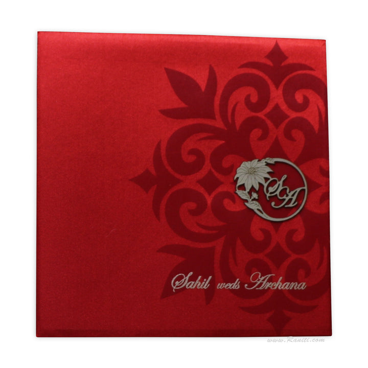 Satin Fabric Square Hard Cover Custom Traditional Invitation Card Damask Print and Laser Cut Initials Monogram AMHL-45  Raniti LLC - Custom Invitations & Stationery