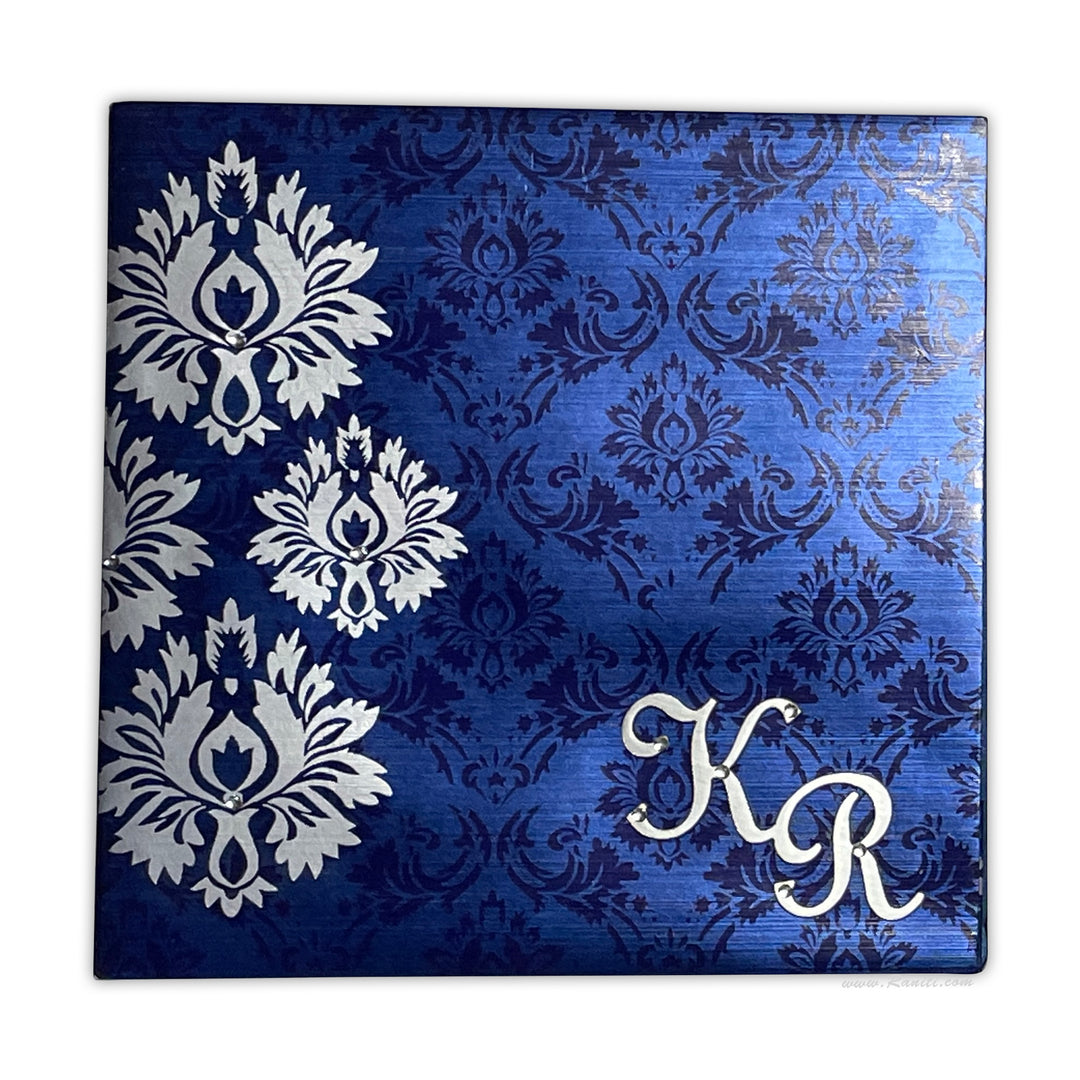 Blue and Silver Square Custom Invitation Card with Damask Print, Laser Cut Monogram Initials and Cascading Inserts AML-107  Raniti LLC - Custom Invitations & Stationery