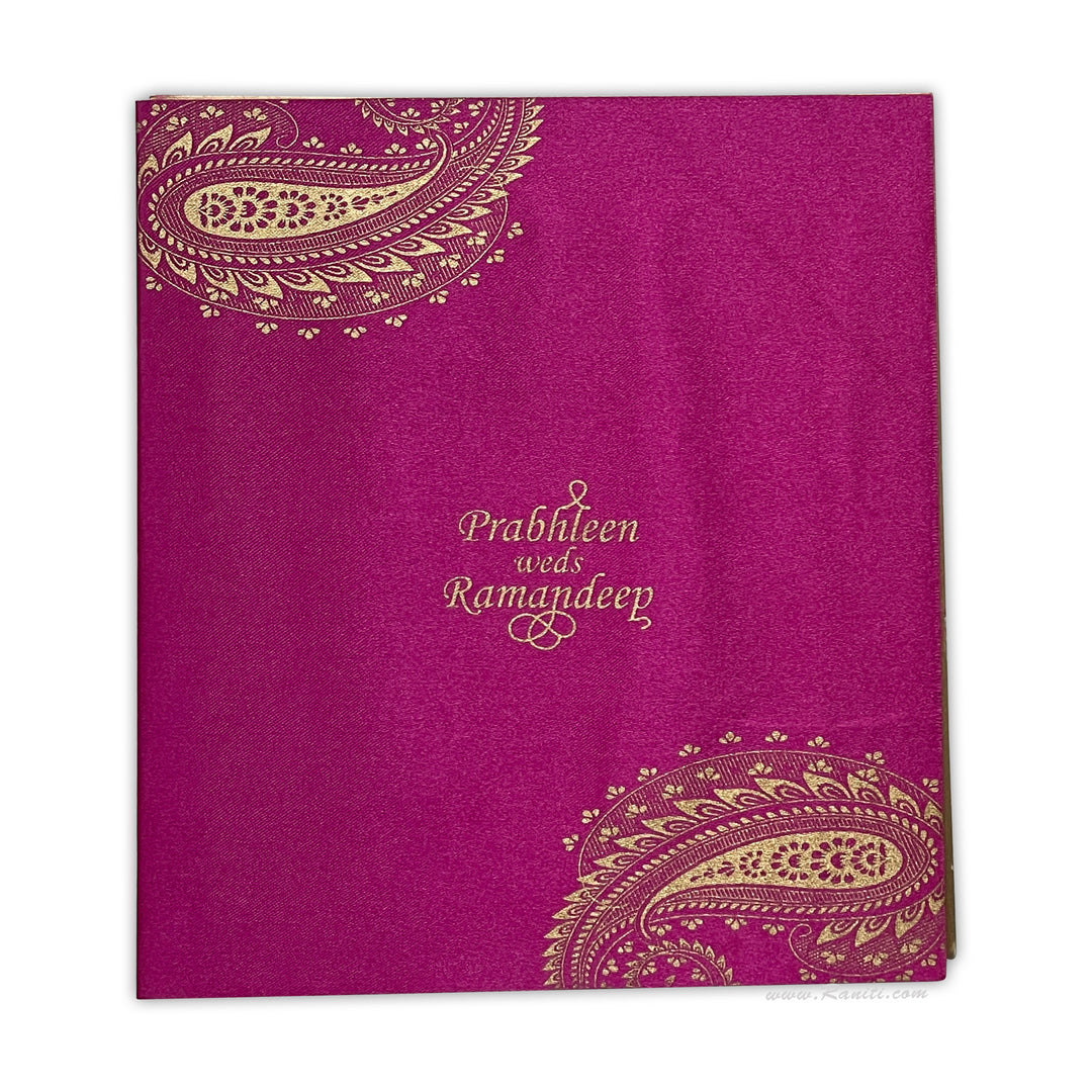 Paisley Theme Fuchsia Pink Satin Fabric Custom Wedding Invitation Card with Lasercut Initials AML-160  Raniti LLC - Custom Invitations & Stationery