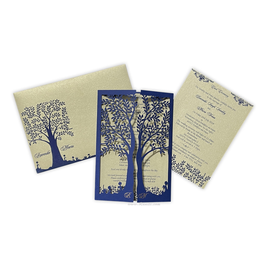 Gatefold Tree Design Laser Cut Golden and Blue Custom Invitation Card with Cascading Inserts AML-194  Raniti LLC - Custom Invitations & Stationery